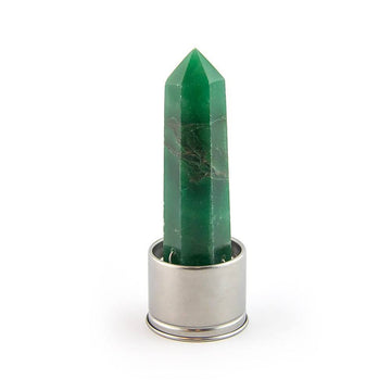 Green quartz crystal attachment for Taurus Laterra Gemstone Water Bottle, front view on white background.